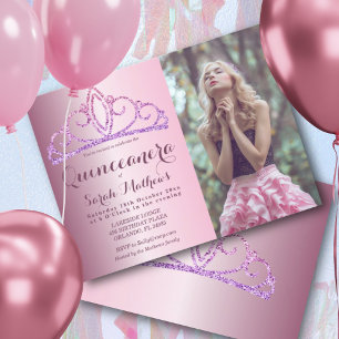 Quinceanera Blush Pink Glitter Crown-uitnodiging Briefkaart