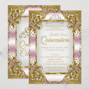 Quinceanera Blush Pink Golden Pearl Tiara Party Kaart