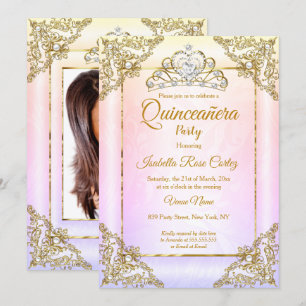 Quinceanera Blush Pink Paars foto Gold Tiara Kaart