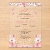 Quinceañera Blush Pink Rose Bloemenvlinder Acryl Uitnodigingen (Voorkant)
