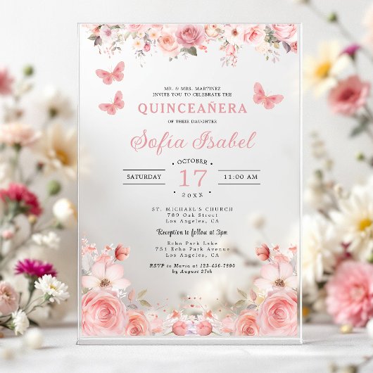 Quinceañera Blush Pink Rose Bloemenvlinder Acryl Uitnodigingen