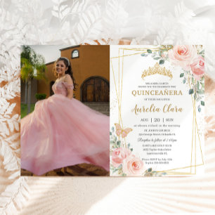 Quinceañera Blush Pink Rose Floral Butterfly Foto Kaart