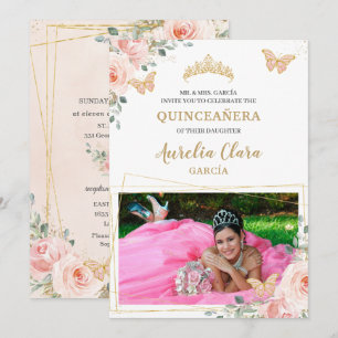 Quinceañera Blush Pink Rose Floral Butterfly Foto Kaart