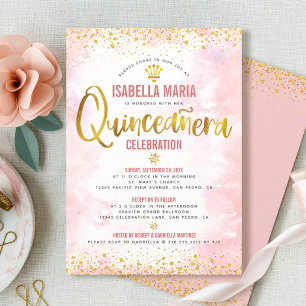 Quinceañera Blush Pink Waterverf Gold Foil Girly Kaart