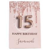 Quinceanera blush roze glitter druppelt roos goud medium cadeauzakje (Voorkant)