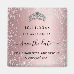 Quinceanera blush roze glitter tiara save the date magneet