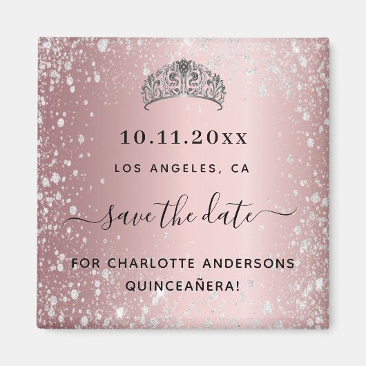 Quinceanera blush roze glitter tiara save the date magneet (Voorkant)