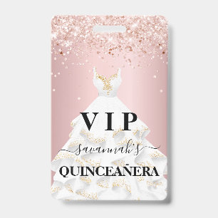 Quinceanera blush roze glitters dust naam vip badge