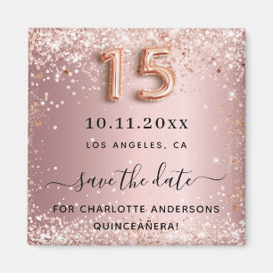 Quinceanera blush roze glitterstof save the date magneet