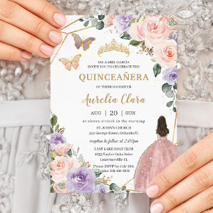 Quinceañera Blush Roze Lila Paarse Bloemen 16e Kaart