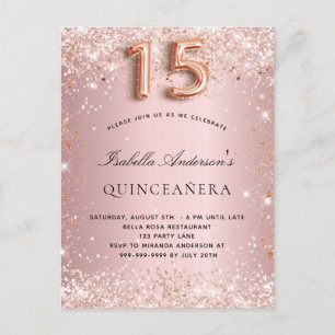 Quinceanera blush roze roze roos goud glitsstof uitnodiging briefkaart