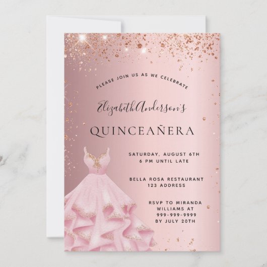Quinceanera blush roze roze roze roodbruine goudju kaart (Voorkant)