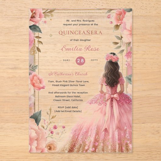 Quinceañera Blush Roze Zilveren Rozen Jurk Quince Acryl Uitnodigingen (Voorkant)