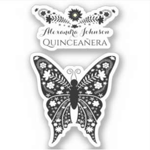 Quinceanera Boho Vlinder Zwart en Wit Naam Sticker