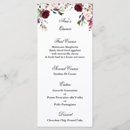 Quinceanera bordeaux menu Modèle (Devant)