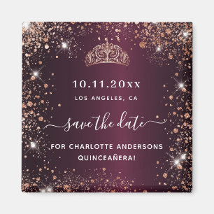 Quinceanera bordeauxrood tiara roze goud save the  magneet
