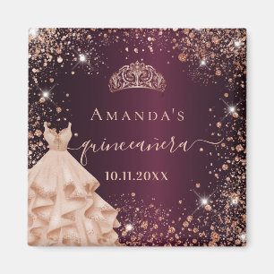 Quinceanera bordeauxroze gouden tiara jurk naam magneet