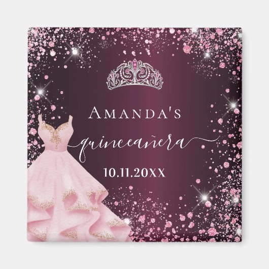 Quinceanera bordeauxroze tiara jurk glitters magneet (Voorkant)