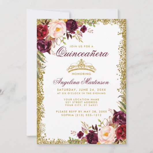 Quinceanera Bourgogne Floral Invitation de la Cour (Devant)