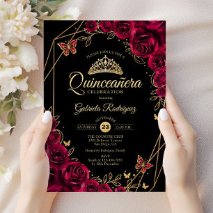 Quinceanera Bourgogne Zwart Goud Bloemen Kaart