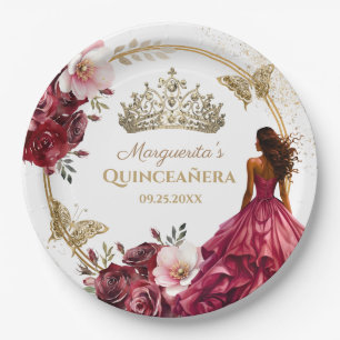 Quinceañera Bourgondië Blush Goud Bloemen Prinses Papieren Bordje