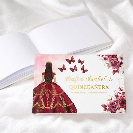 Quinceañera Bourgondië Gouden Prinses Floral Gastenboek
