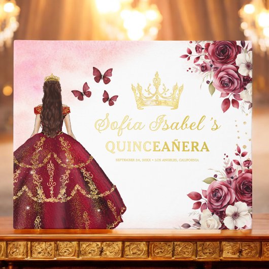 Quinceañera Bourgondië Gouden Prinses Floral Gastenboek