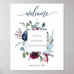 Quinceañera Burgundy, Berry & Blue Welcome Sign Poster