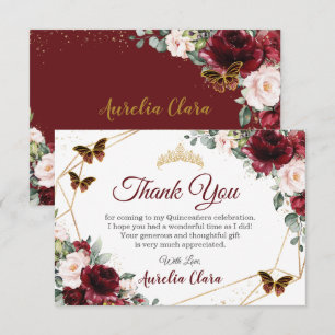Quinceañera Burgundy Blush Floral Butterflies Bedankkaart