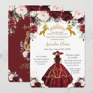 Quinceañera Burgundy Blush Floral Charro Horses Kaart