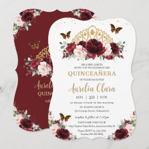 Quinceañera Burgundy Blush Floral Gold Crown Kaart