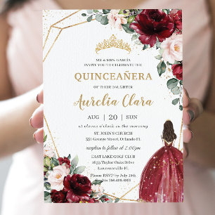 Quinceañera Burgundy Blush Floral Gold Princess Kaart