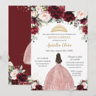Quinceañera Burgundy Blush Floral Roos Gold Dress Kaart