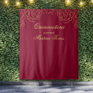 Quinceanera Burgundy en Gold Photo Booth Backdrop Wandkleed