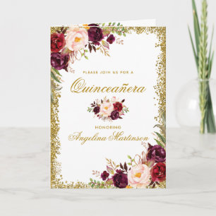 Quinceanera Burgundy Floral Foto Glitter Folded Kaart