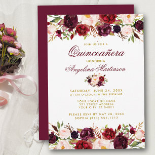 Quinceanera Burgundy Floral Gold Kaart