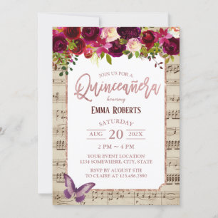 Quinceanera  Burgundy Floral Music Birthday Kaart