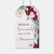 Quinceanera Burgundy Red Glitter Floral Gift Label