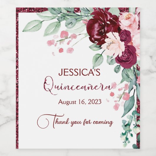 Quinceanera Burgundy Red Glitter Floral Wine Label Wijn Etiket (Enkel label)