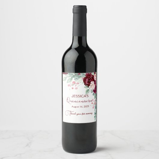 Quinceanera Burgundy Red Glitter Floral Wine Label Wijn Etiket (Voorkant)