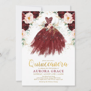 Quinceañera Burgundy Roos Flower Princess Birthday Kaart