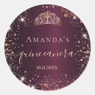 Quinceanera burgundy roos gold tiara name script ronde sticker