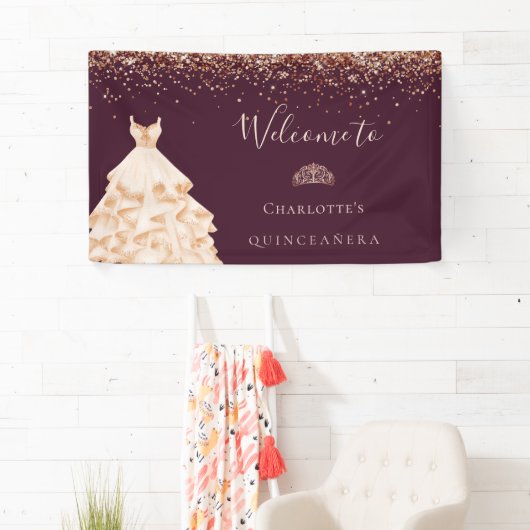 Quinceanera burgundy roos goud glitsstof spandoek (Insitu)