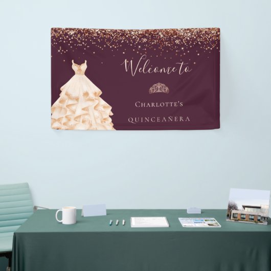 Quinceanera burgundy roos goud glitsstof spandoek (Beurs)