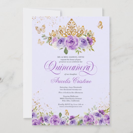 Quinceañera Butterfly en Paarse Waterverf Flowers Kaart (Voorkant)