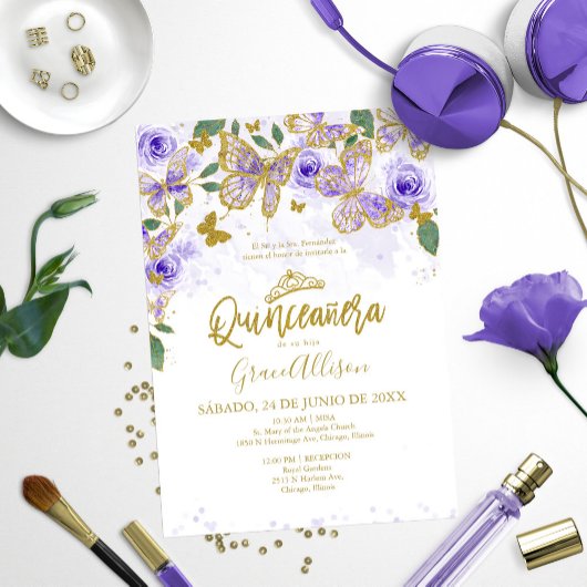 Quinceanera Butterfly Invitation Libellé espagnol