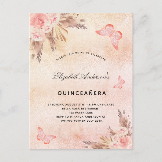 Quinceanera butterfly pampa's uitnodiging briefkaart (Voorkant)