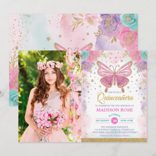Quinceañera Butterfly Roze Paars Blauwgroen verjaa Kaart