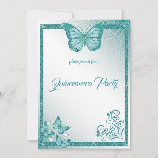 quinceanera butterfly turquoise glitter elegant kaart (Voorkant)