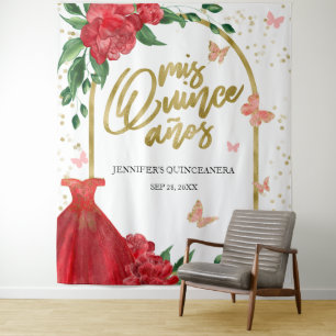 Quinceanera Butterflys Rode Gown Achtergrond Wandkleed